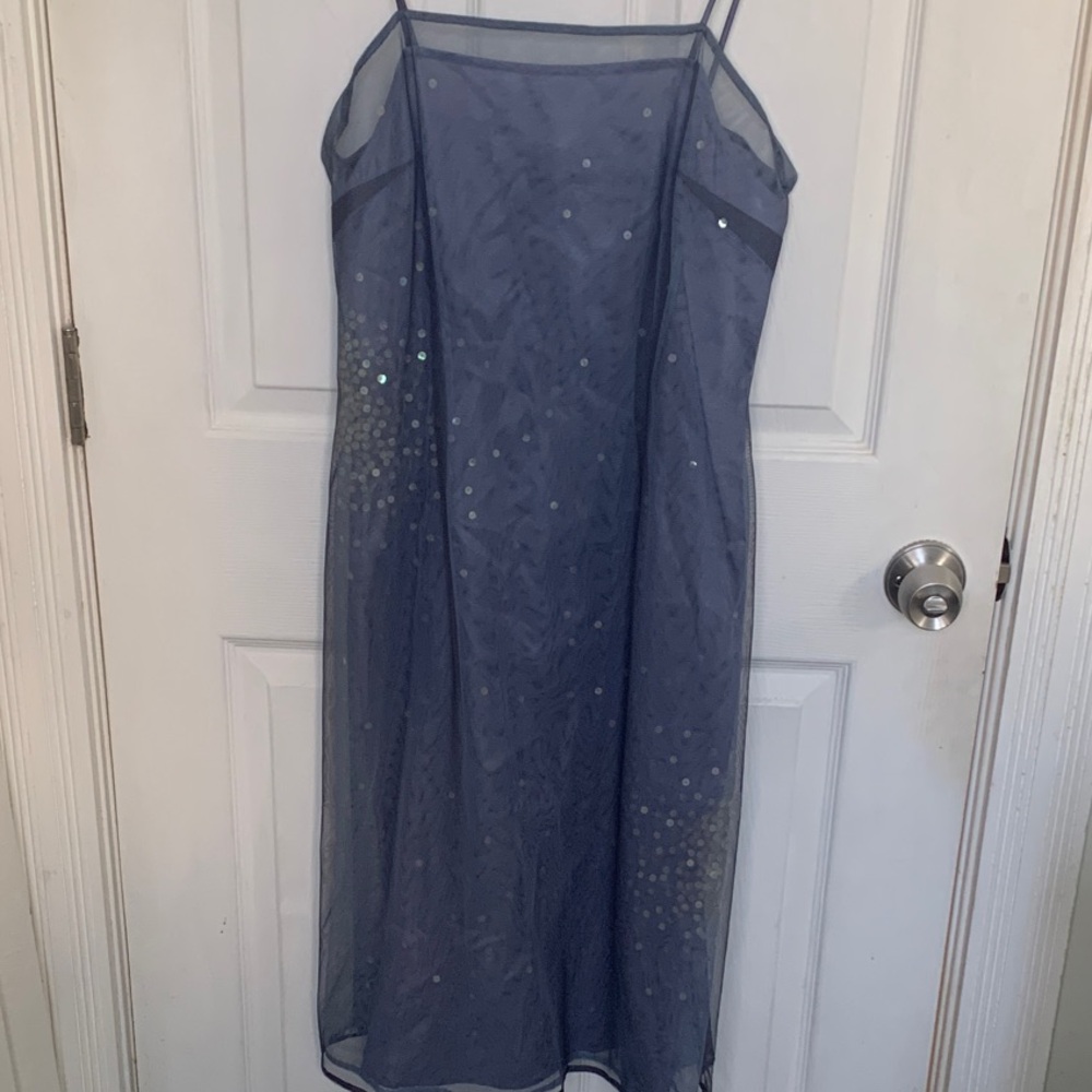 Y2K Express Blue Sheer Spaghetti-Strap Midi Dress with Sequin Accents